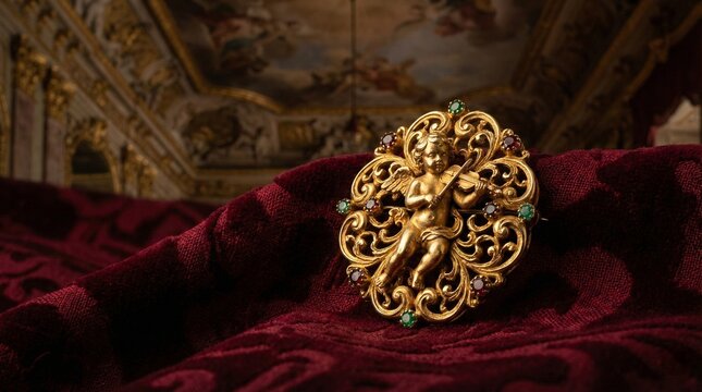 Baroque Adagio: Ornate Gold Cherub Violin Brooch on Crimson Damask