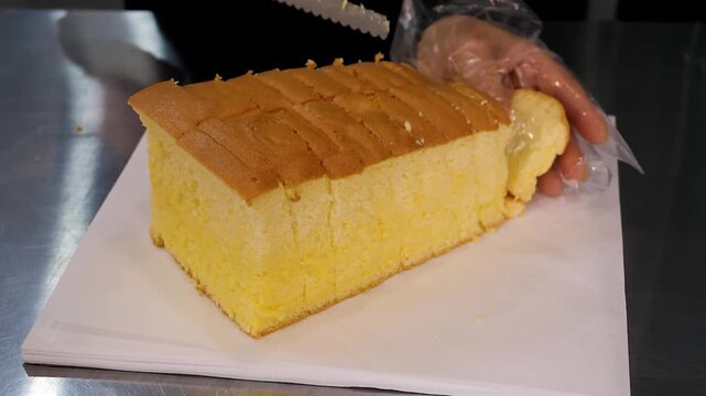 Close-up shot of a large, golden-brown Japanese-style castella sponge cake being sliced into individual portions on a white paper surface. The cake appears soft, fluffy, and freshly baked, highlightin