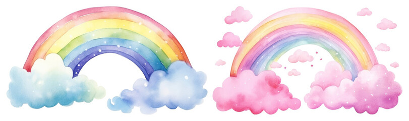 Obraz premium PNG Colorful watercolor rainbows with clouds on transparent background