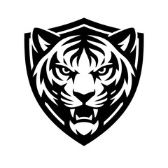 Fototapeta premium Black and white tiger head logo on shield emblem symbolizing strength and protection with aggressive facial expression