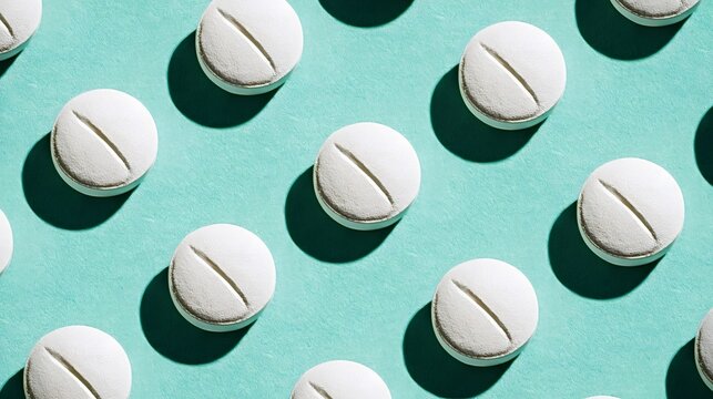 White round tablets with a score line arranged in a repeating pattern on a teal backdrop, casting strong shadows and symbolizing healthcare, medication, and wellness