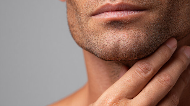 Closeup of a mans face touching his stubble beard, contemplating or grooming, with a neutral expression and grey background Concept of male grooming and skincare