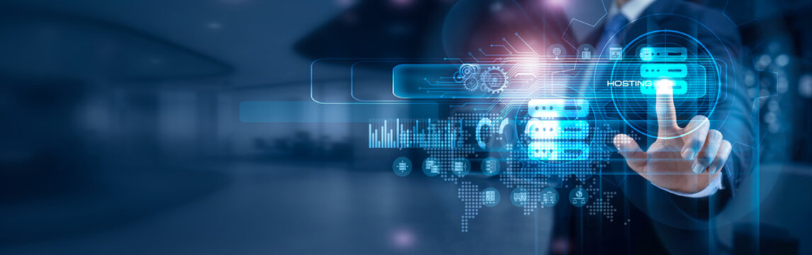 IT administrator touch Global HOSTING server infrastructure and website management network systems. Hosting services support reliable storage, website performance and secure online access.