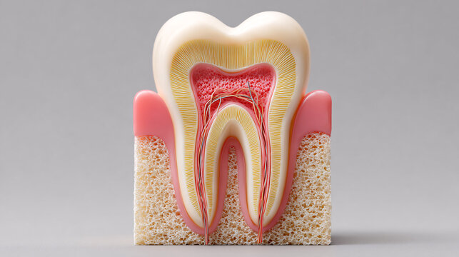 Anatomical crosssection of a human tooth, revealing enamel, dentin, pulp, nerves, and bone structure Dental health and science concept