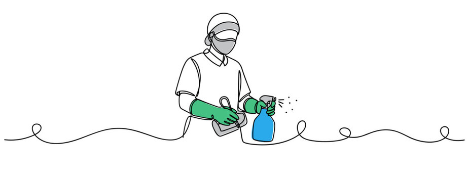 Person wearing gloves disinfecting surface with spray bottle. no editable strokes