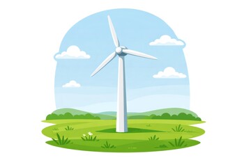 Fototapeta premium Wind turbine stands tall in a vibrant green field under a blue sky with fluffy clouds, symbolizing sustainable energy generation and eco friendly power solutions