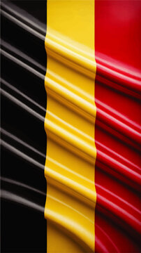 Belgium national flag with glossy fabric folds, vertical black yellow red stripes, patriotic Belgian background for travel and sport design