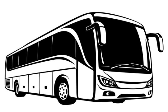 Black and white illustration of a modern coach bus with large windows and a sleek design for transportation and travel