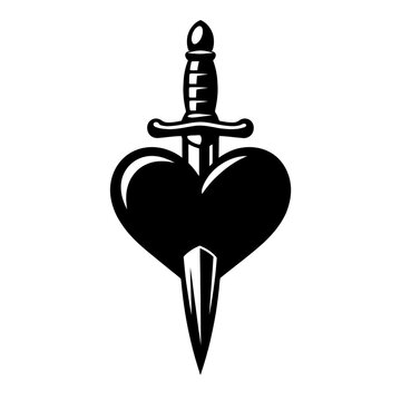 Black silhouette of a dagger stabbing through a heart on white background