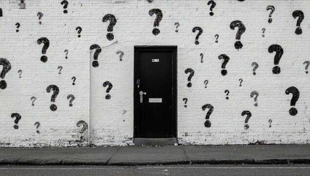A black door centered on a white wall adorned with black question marks, urban scene