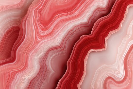 A vibrant, abstract illustration features layers of flowing, textured, red and white patterns