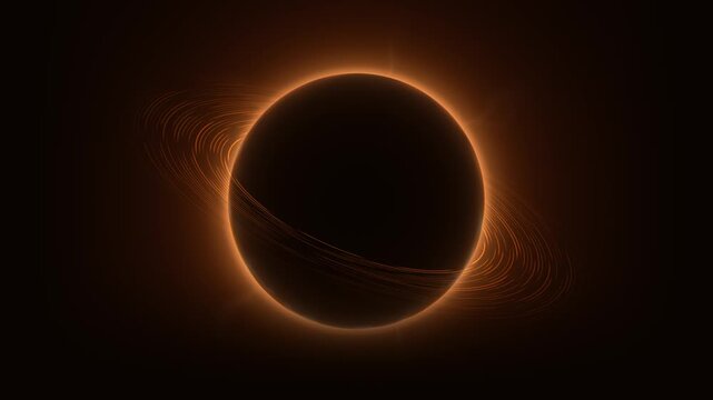 Seamless loop abstract glowing eclipse sphere with orange light halo and flowing energy lines, futuristic space style background ideal for technology visuals, presentations and digital designs