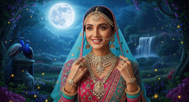 Radiant Indian Bride with Elaborate Jewelry in Magical Forest Night