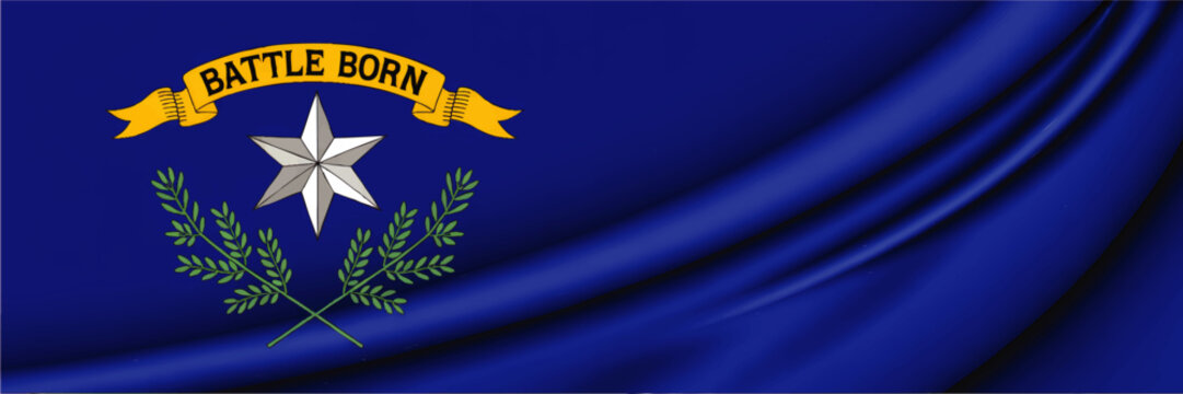 Nevada state flag with Battle Born banner, silver star and green sagebrush on waving blue fabric background, patriotic USA illustration