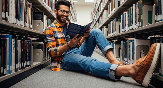 Joyful Reader Enjoying a Book Among Library Shelves