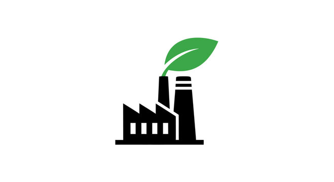 A black factory icon with a green leaf coming out of the chimney on a white background Abstrack background