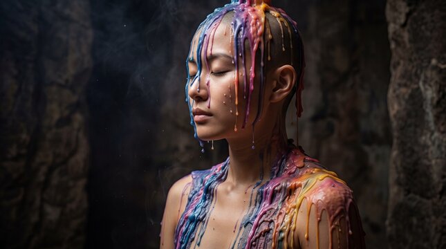 カラフルな蝋を浴びて深い禅の瞑想に耽る、剃髪した日本人女性。精神性と芸術性が融合した前衛的で幻想的なポートレート