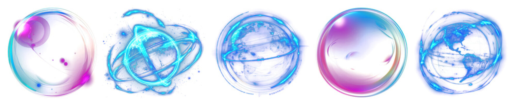 PNG Five glowing, abstract spheres with dynamic blue patterns element set on transparent background.