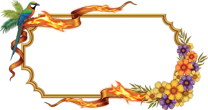 A vibrant parrot perches on a flame-embellished golden frame surrounded by colorful flowers and lush greenery.