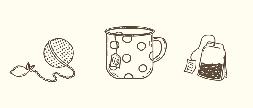 Tea brewing accessories set with mug, tea bag and metal infuser. Vector outline designs.