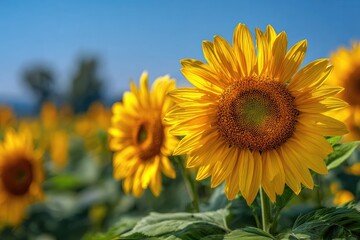 Fototapeta premium Close-up view of vibrant sunflowers in full bloom, with a bright blue sky backdrop