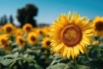 Obraz premium Close-up of a vibrant sunflower in focus, surrounded by a field of sunflowers and a blue sky