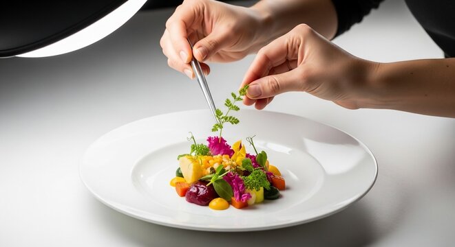 Hands garnishing a colorful food plate.