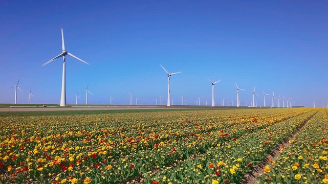Rows of tulips pass by as camera pans left with walking motion, dynamic spring field, agricultural scene, colorful flowers, outdoor rural landscape.