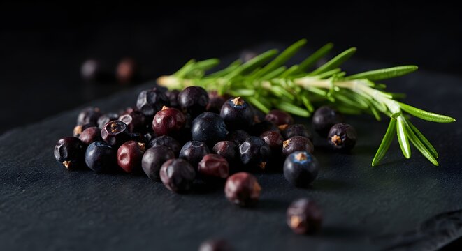 Raw organic juniper berries and rosemary macro on dark slate board.