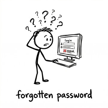 Stick figure cartoon of a confused user looking at a computer screen with a forgotten password error, technology doodle