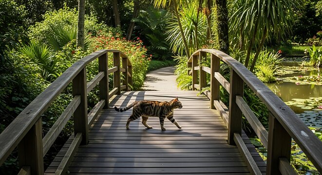 Cat crossing wooden bridge in lush green garden.