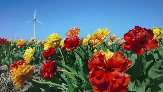 Rows of blooming tulips extend across field under blue sky, slight camera motion forward, agricultural landscape, spring flowers, rural farming