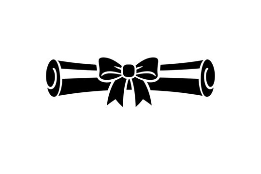 Black and white icon of rolled up document with a bow tied around it, symbolizing a gift or achievement