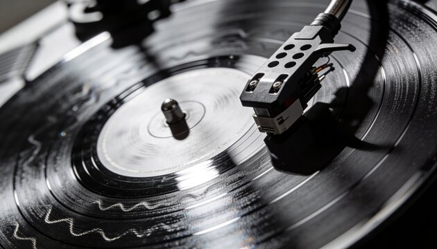 Playing black vinyl on turntable platter in dim studio, showing tonearm cartridge, stylus, label