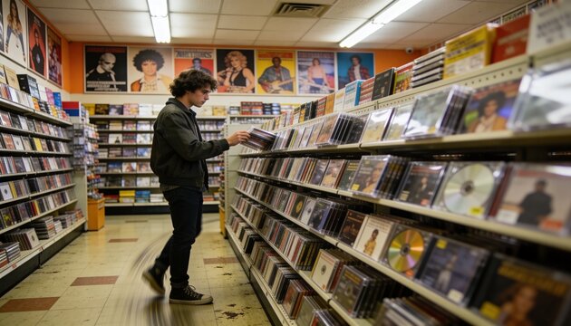 Browsing man selecting jewelcase CDs at metal racks in music store, wearing dark jacket, copy space