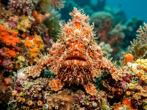 Detailed view of a fascinating warty frogfish blending seamlessly into its coral habitat.