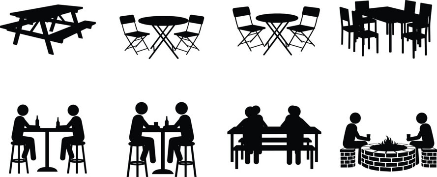 Outdoor Furniture and Social Gathering Icon Set with Picnic Table Bistro Set Dining Chairs Fire Pit and People Silhouettes for Vector