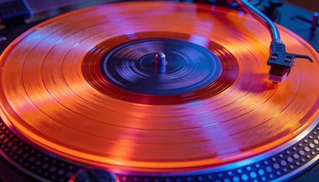 Spinning translucent orange vinyl rotating on platter in club, dotted strobe edge tonearm stylus