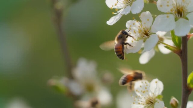 Bienen beim Best&auml;uben von wei&szlig;en Bl&uuml;ten im Fr&uuml;hling