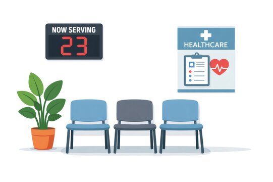 Healthcare clinic waiting room with unoccupied chairs. A potted plant. And a digital display showing a patient queue number for medical services. Symbolizing anticipation and administrative processes