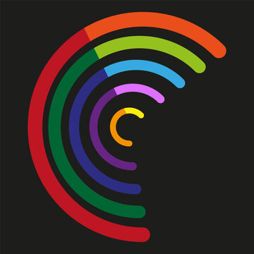 Colorful arc Vector. Dark background design. Rainbow circle segment. Vibrant round lines. Manual vector only. No autotrace used.