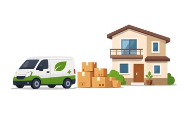 Obraz premium Electric delivery van with green leaf and lightning logo parked by a residential house next to stacked cardboard boxes, symbolizing eco friendly home delivery and low carbon logistics