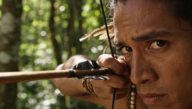Drawing Hispanic archer pulling bowstring in dappled forest, with feather arrow, beads, copy space