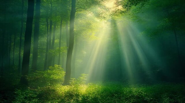 Sonnenstrahlen im dichten gr&uuml;nen Wald als Symbol f&uuml;r Hoffnung