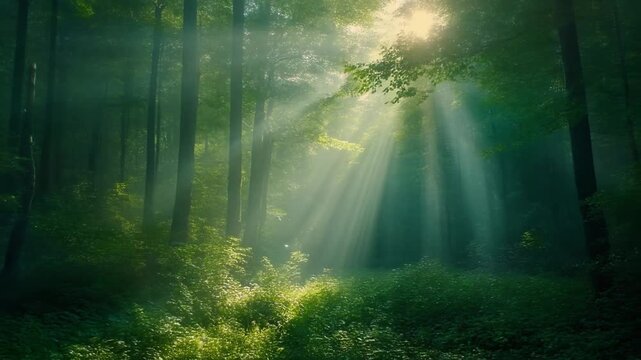 Sonnenstrahlen im dichten gr&uuml;nen Wald als Symbol f&uuml;r Hoffnung