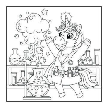 Unicorn coloring page celebrating a magical chemistry experiment