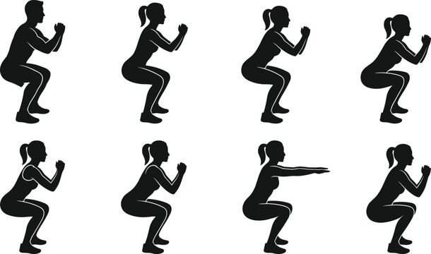 Silhouettes of people performing squat exercises in side view showing proper form, bent knees, arm positions, fitness posture, and workout reference