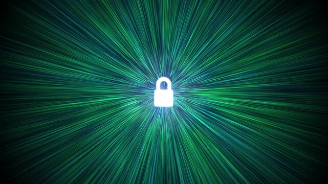 Glowing cybersecurity lock in green data stream tunnel