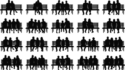 Obraz premium Silhouettes of people sitting on benches in pairs and groups showing social interaction, posture, relaxed poses, and design reference