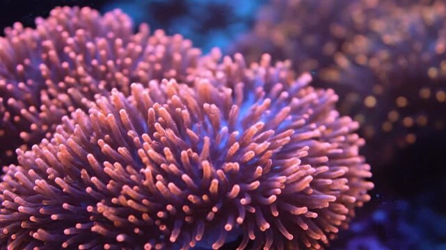 Mesmerizing close-up of a vibrant pink and purple underwater creature, its delicate polyps creating a beautiful texture within a thriving marine ecosystem